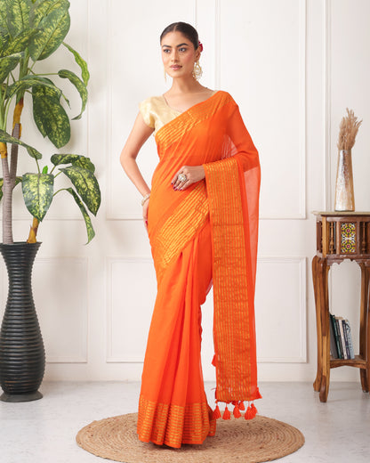 Kesari Mul Cotton Bengal Saree with Zari and Unstiched Blouse