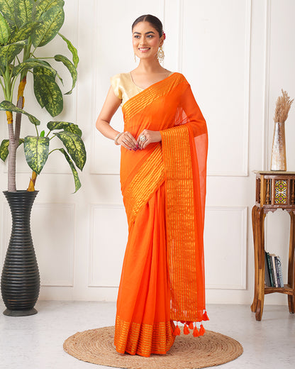 Kesari Mul Cotton Bengal Saree with Zari and Unstiched Blouse
