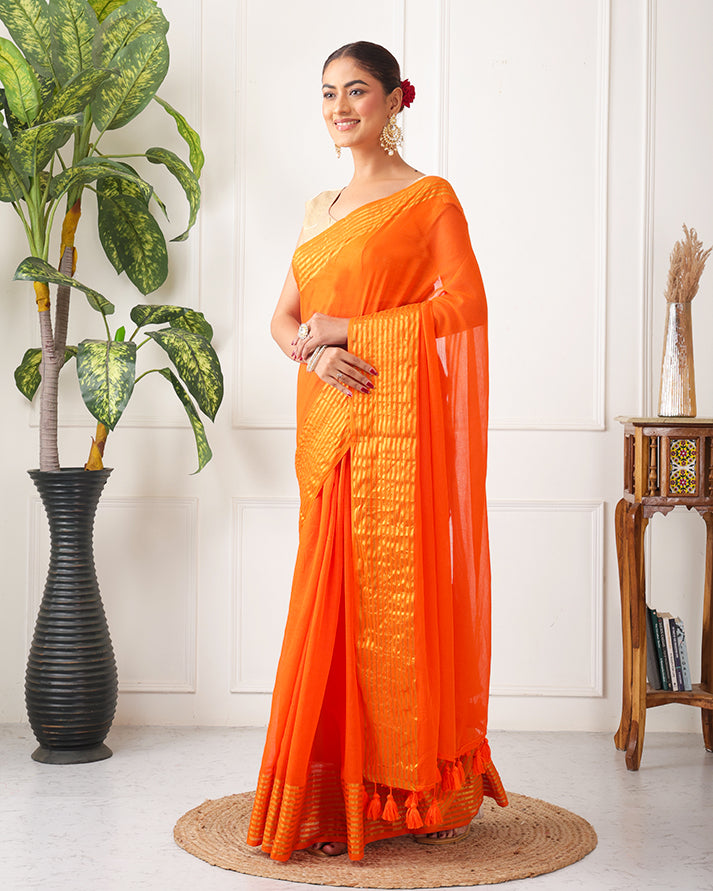Kesari Mul Cotton Bengal Saree with Zari and Unstiched Blouse