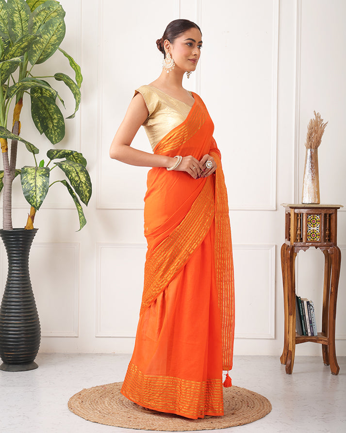 Kesari Mul Cotton Bengal Saree with Zari and Unstiched Blouse