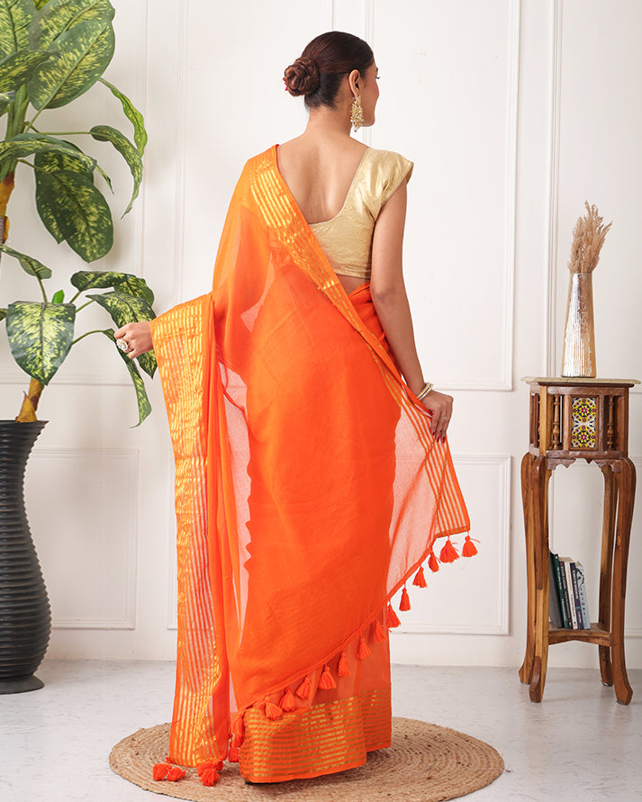 Kesari Mul Cotton Bengal Saree with Zari and Unstiched Blouse