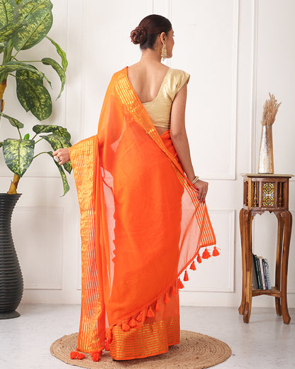 Kesari Mul Cotton Bengal Saree with Zari and Unstiched Blouse