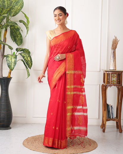 Anari Bengal Saree with Zari Border , Pallu and Unstiched Blouse