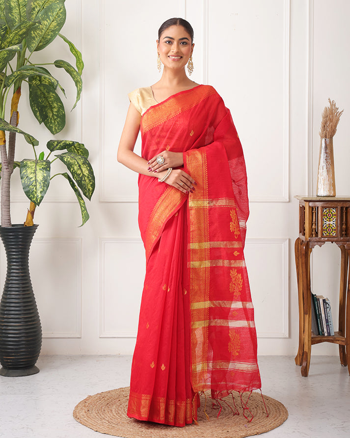 Anari Bengal Saree with Zari Border , Pallu and Unstiched Blouse