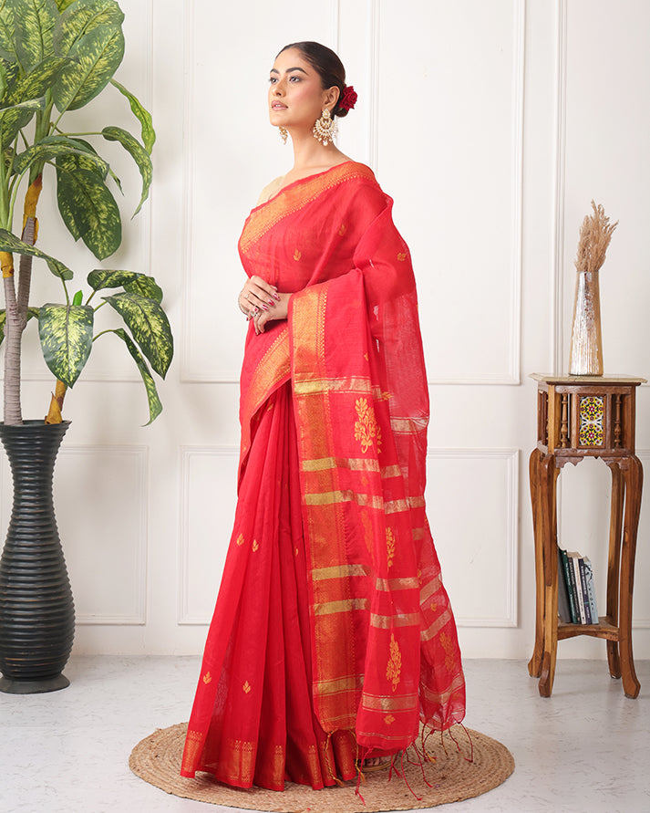 Anari Bengal Saree with Zari Border , Pallu and Unstiched Blouse