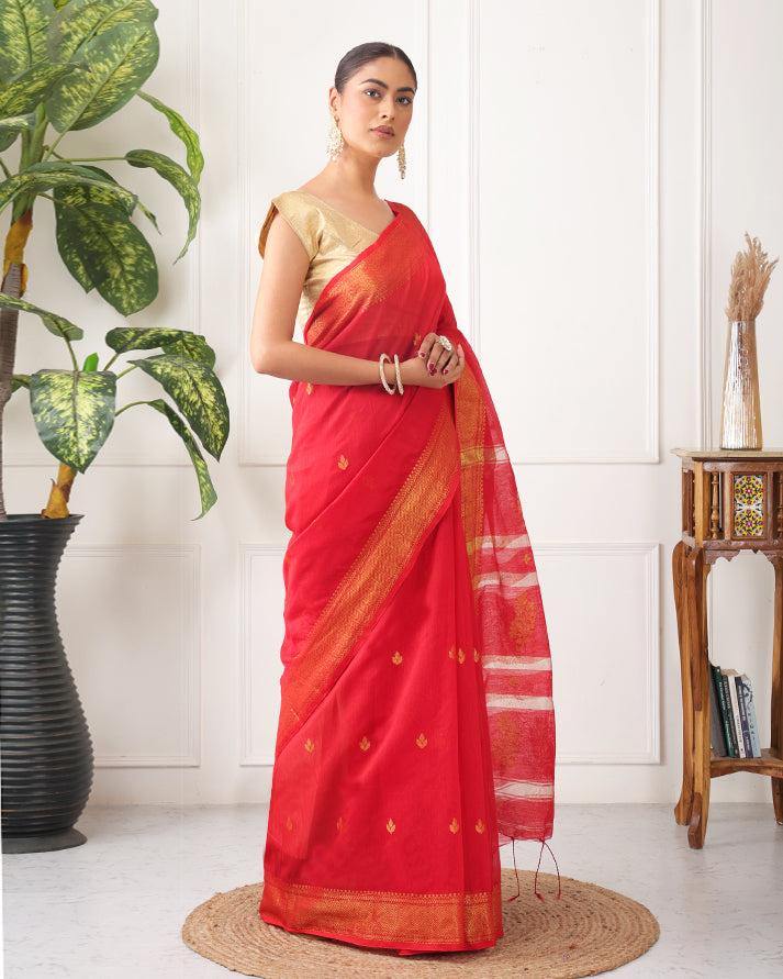 Anari Bengal Saree with Zari Border , Pallu and Unstiched Blouse