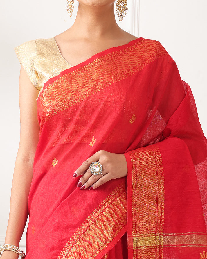 Anari Bengal Saree with Zari Border , Pallu and Unstiched Blouse
