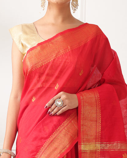 Anari Bengal Saree with Zari Border , Pallu and Unstiched Blouse