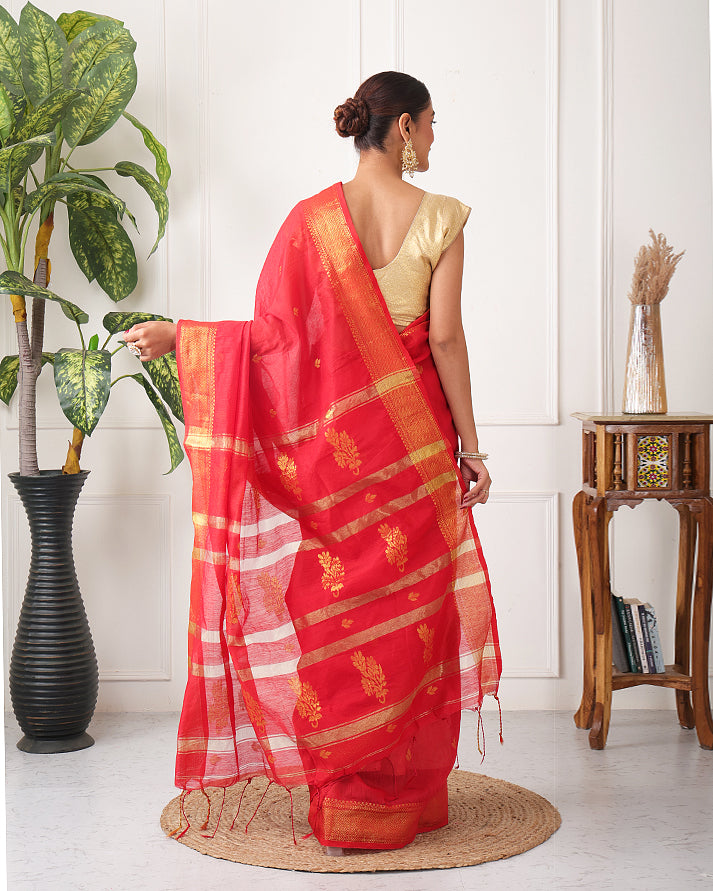 Anari Bengal Saree with Zari Border , Pallu and Unstiched Blouse