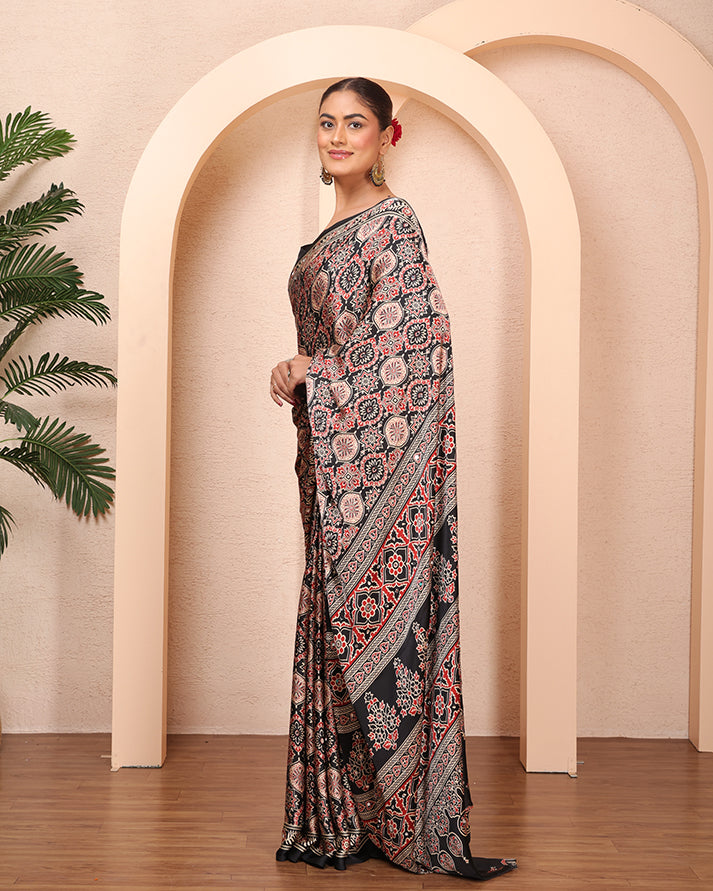 Setareh Ajrakh Saree With Mirror Work and Unstiched Blouse