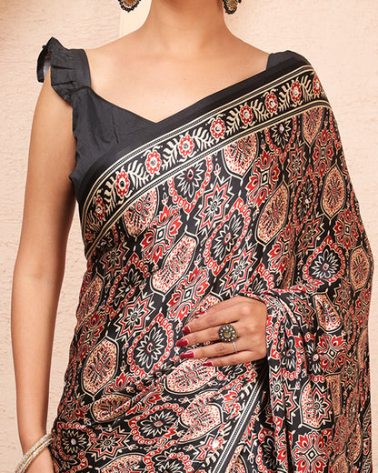 Setareh Ajrakh Saree With Mirror Work and Unstiched Blouse
