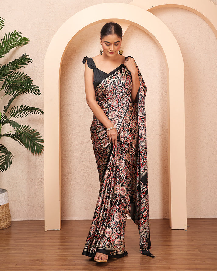 Setareh Ajrakh Saree With Mirror Work and Unstiched Blouse