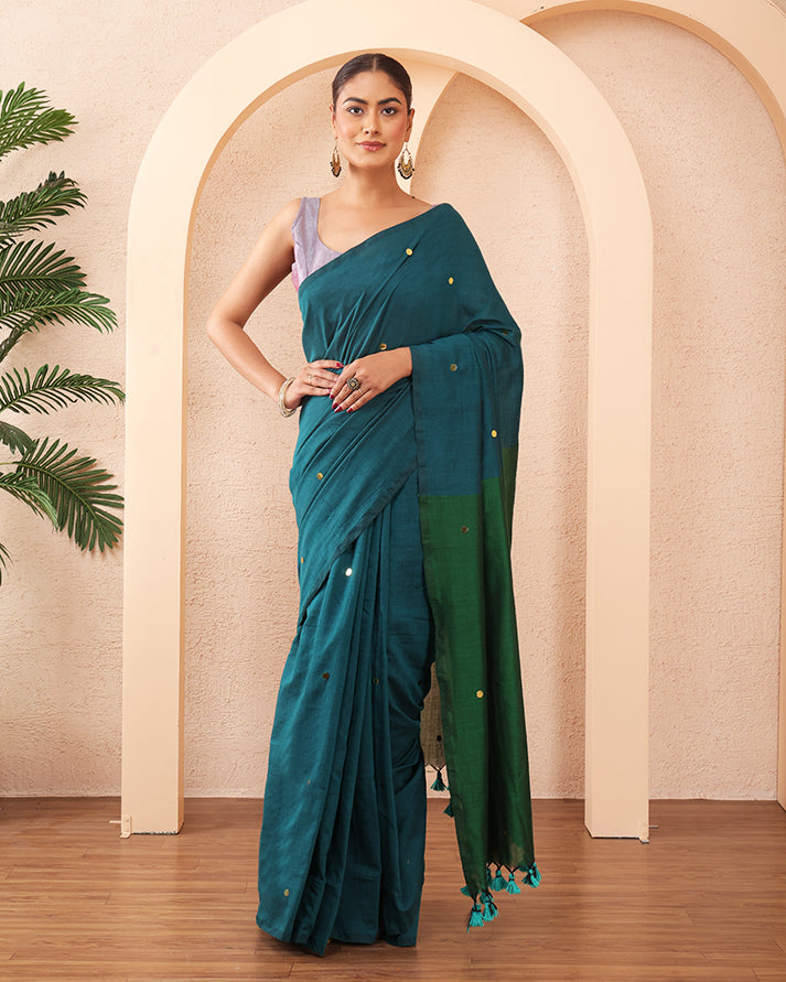 Vamika Khadi Cotton Bengal Saree With Stars and Unstiched Blouse