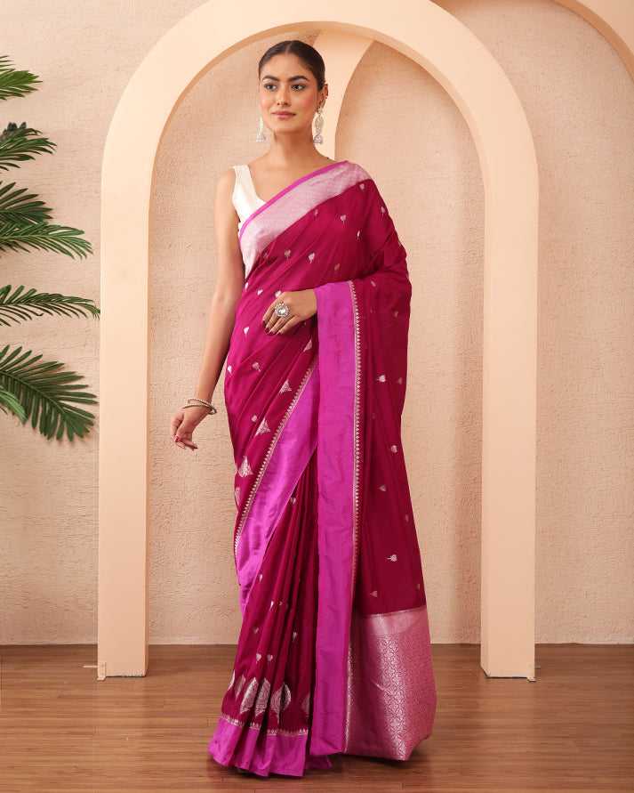 banafsheh Banarasi Silk Saree with Meenakari Border ,Zari Pallu and Unstiched Blouse