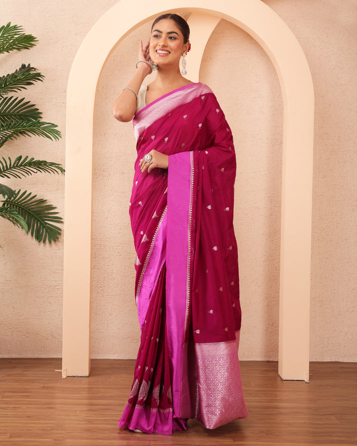 banafsheh Banarasi Silk Saree with Meenakari Border ,Zari Pallu and Unstiched Blouse