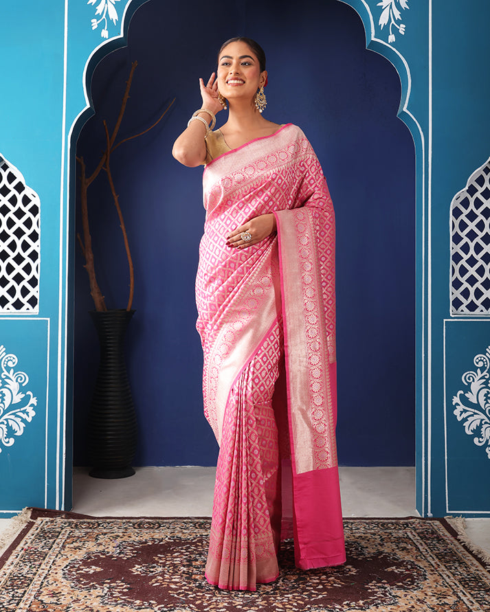 Gulab Katan Silk Banarasi Saree with Unstiched Blouse
