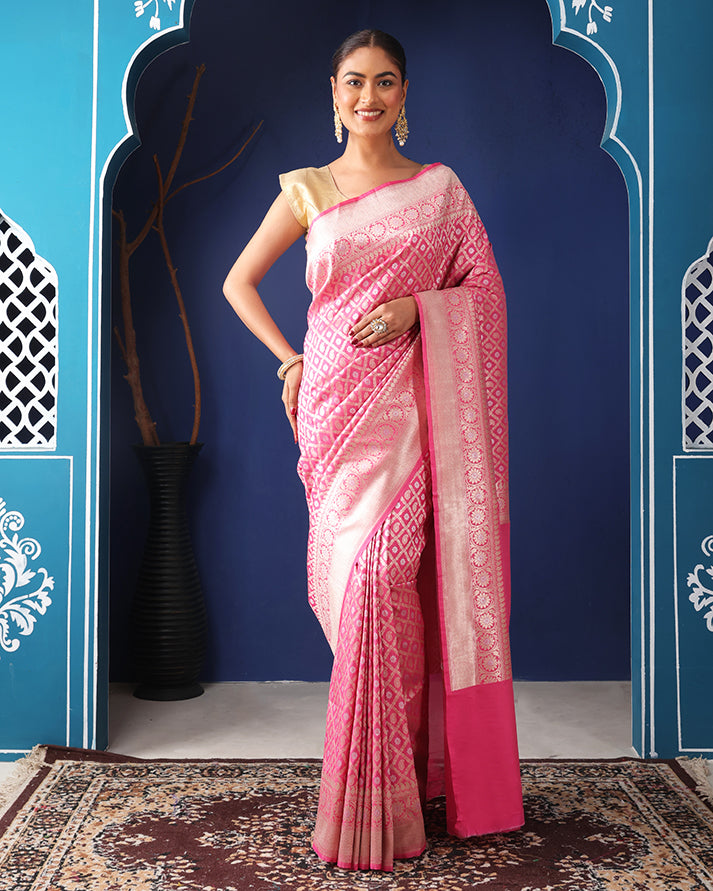 Gulab Katan Silk Banarasi Saree with Unstiched Blouse