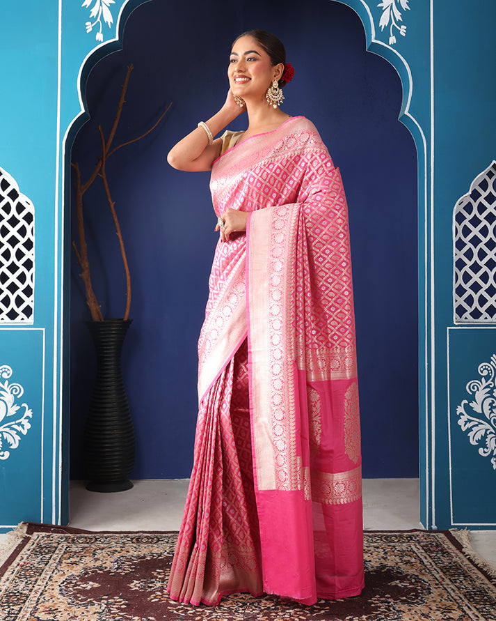 Gulab Katan Silk Banarasi Saree with Unstiched Blouse