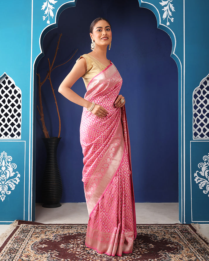 Gulab Katan Silk Banarasi Saree with Unstiched Blouse