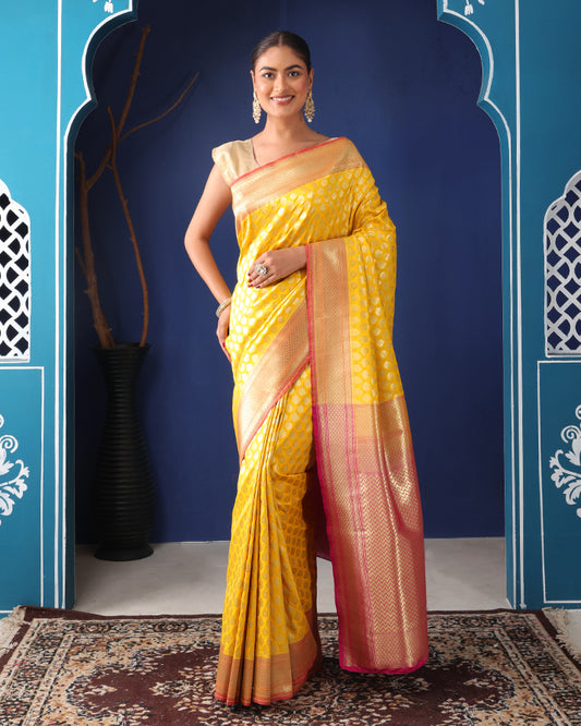 Vasant-Rani Katan Silk Banarasi Saree with Unstiched Blouse