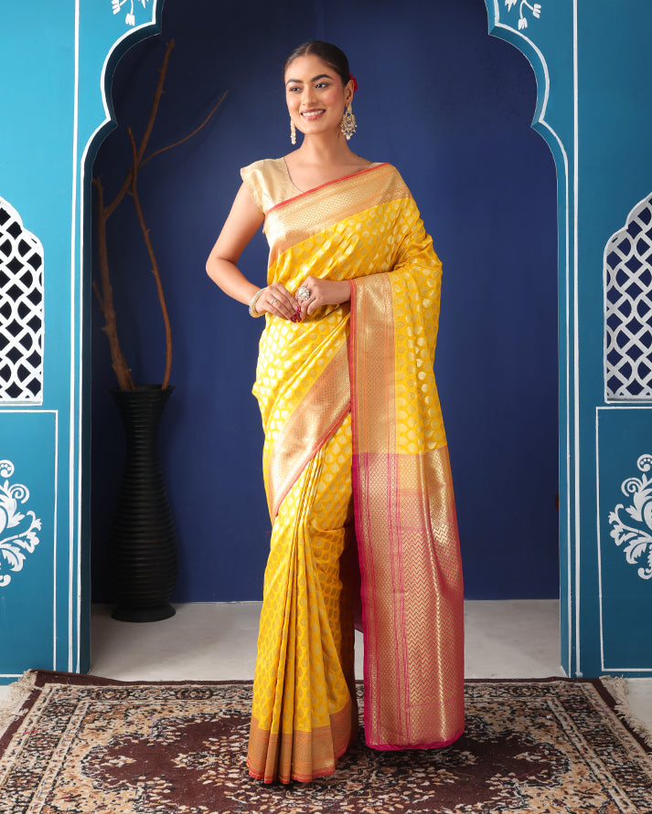 Vasant-Rani Katan Silk Banarasi Saree with Unstiched Blouse