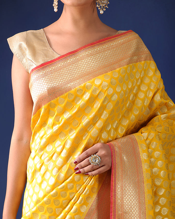 Vasant-Rani Katan Silk Banarasi Saree with Unstiched Blouse