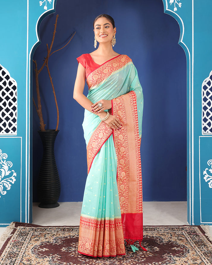 Sorkhabi Banarasi Georgette Saree with Woven Border & Unstiched Blouse