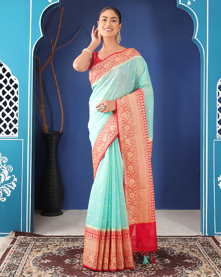 Sorkhabi Banarasi Georgette Saree with Woven Border & Unstiched Blouse