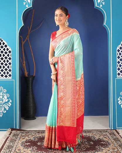 Sorkhabi Banarasi Georgette Saree with Woven Border & Unstiched Blouse