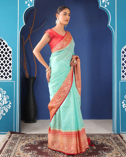 Sorkhabi Banarasi Georgette Saree with Woven Border & Unstiched Blouse