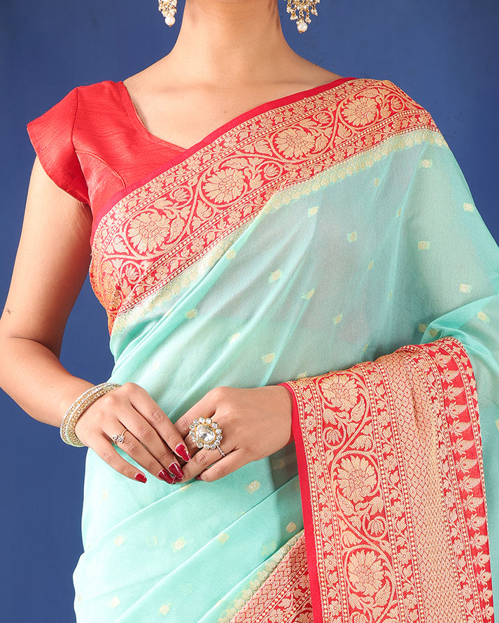Sorkhabi Banarasi Georgette Saree with Woven Border & Unstiched Blouse