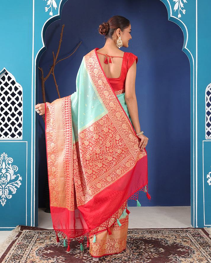 Sorkhabi Banarasi Georgette Saree with Woven Border & Unstiched Blouse
