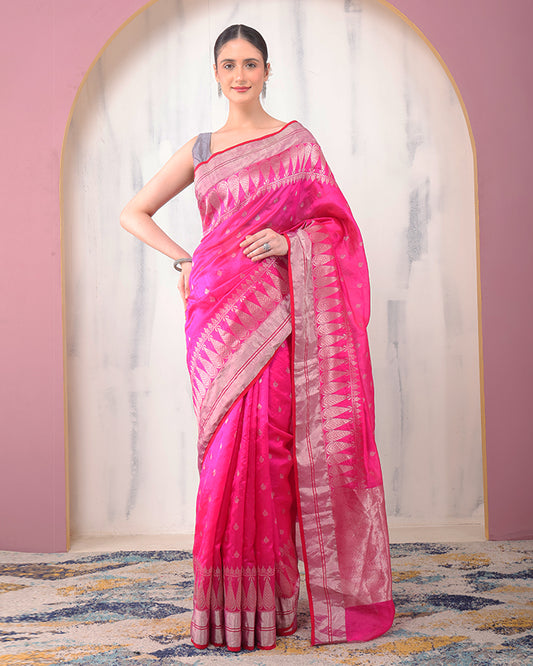 Persian-Rose Chanderi Silver Zari Silk Saree with Unstiched Blouse