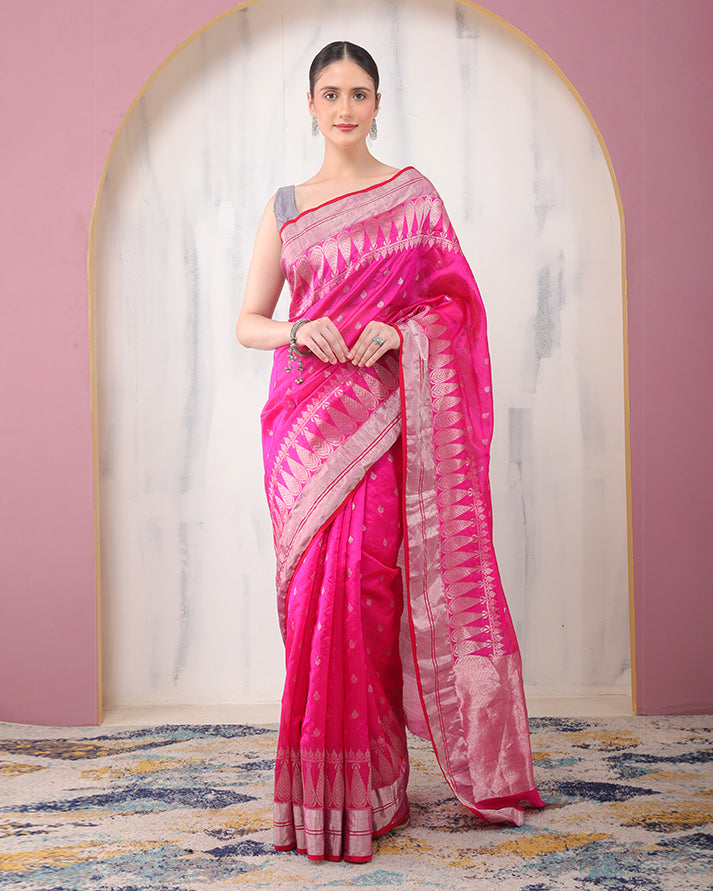 Persian-Rose Chanderi Silver Zari Silk Saree with Unstiched Blouse