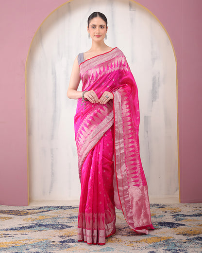 Persian-Rose Chanderi Silver Zari Silk Saree with Unstiched Blouse