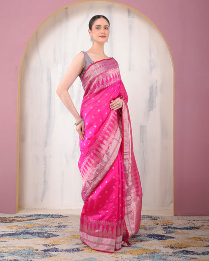 Persian-Rose Chanderi Silver Zari Silk Saree with Unstiched Blouse