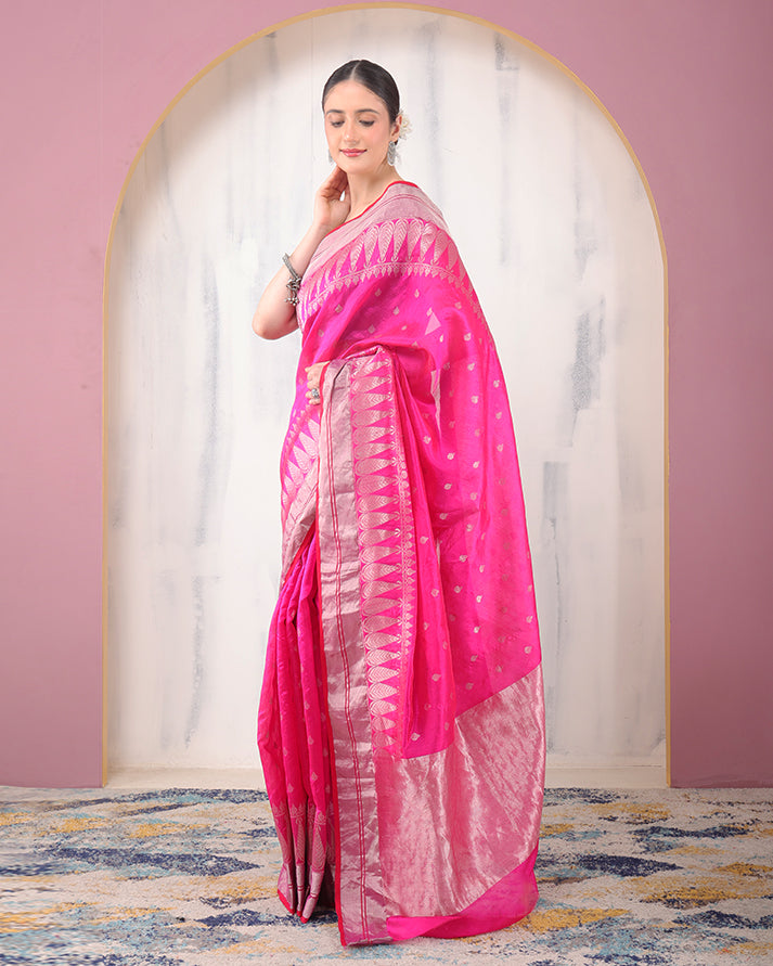 Persian-Rose Chanderi Silver Zari Silk Saree with Unstiched Blouse