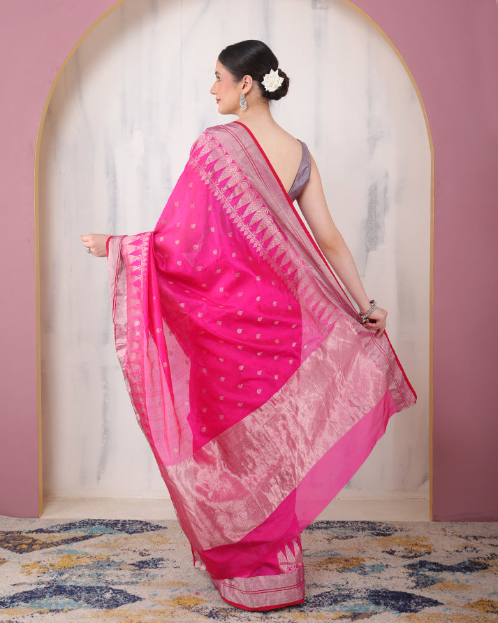 Persian-Rose Chanderi Silver Zari Silk Saree with Unstiched Blouse