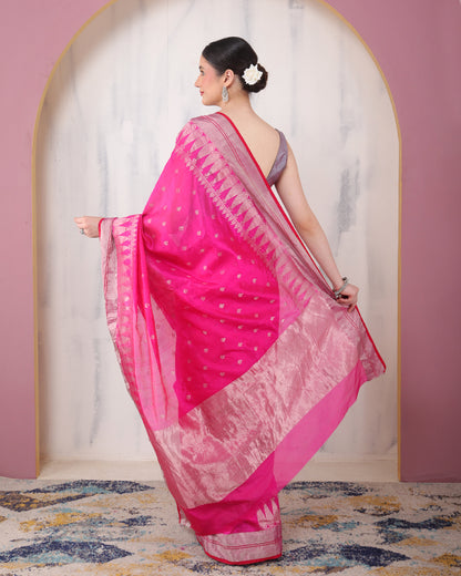 Persian-Rose Chanderi Silver Zari Silk Saree with Unstiched Blouse