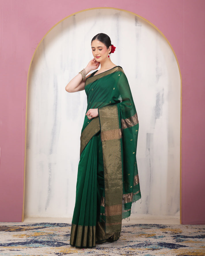 Zarrin Maheshwari Silk Saree with Zari Border and Pallu