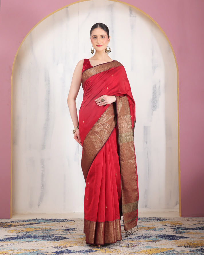 Manik Maheshwari Silk Saree with Zari Border and Pallu with Unstiched Blouse