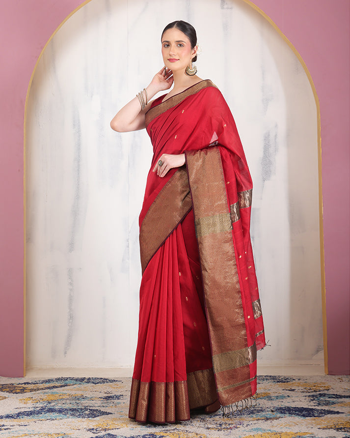 Manik Maheshwari Silk Saree with Zari Border and Pallu with Unstiched Blouse