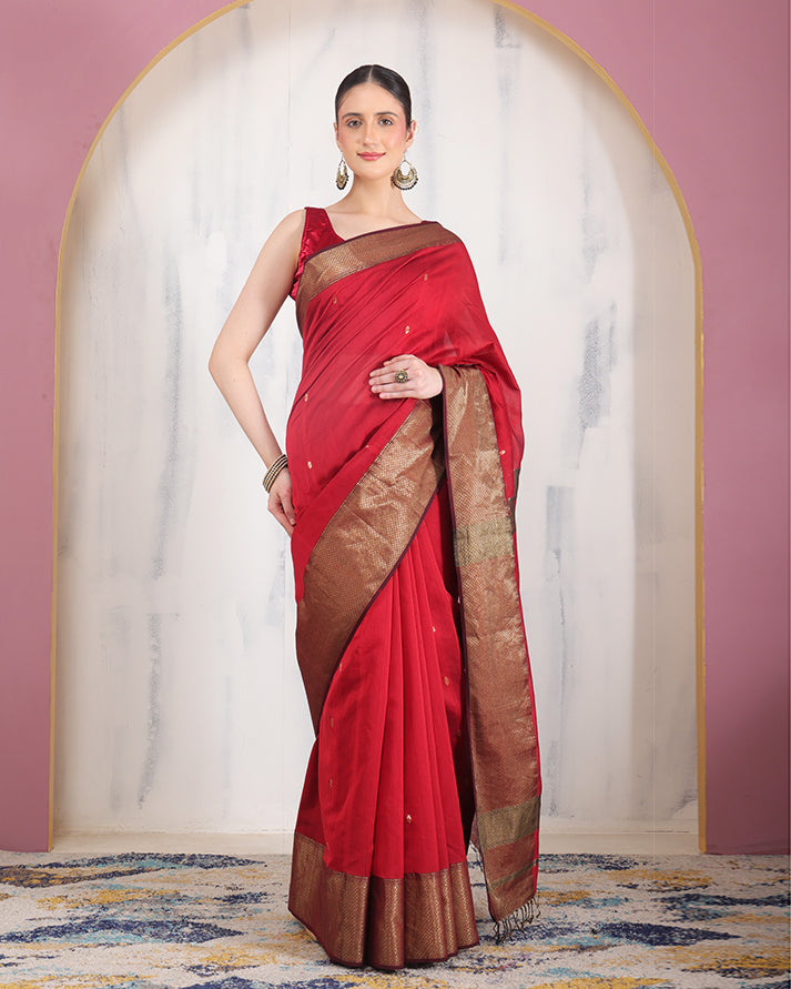 Manik Maheshwari Silk Saree with Zari Border and Pallu with Unstiched Blouse