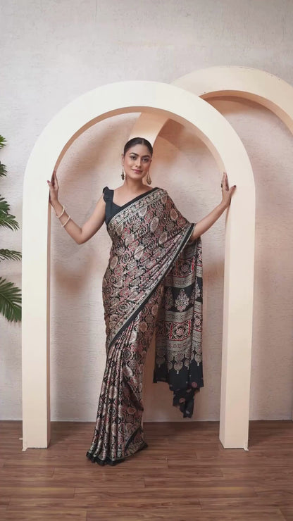 Setareh Ajrakh Saree With Mirror Work and Unstiched Blouse