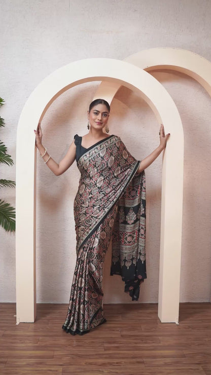 Setareh Ajrakh Saree With Mirror Work and Unstiched Blouse