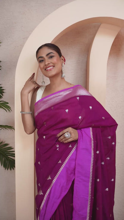 banafsheh Banarasi Silk Saree with Meenakari Border ,Zari Pallu and Unstiched Blouse
