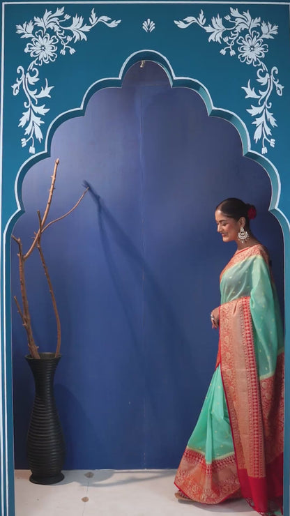 Sorkhabi Banarasi Georgette Saree with Woven Border & Unstiched Blouse