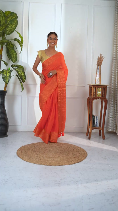 Kesari Mul Cotton Bengal Saree with Zari and Unstiched Blouse
