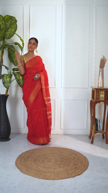 Anari Bengal Saree with Zari Border , Pallu and Unstiched Blouse