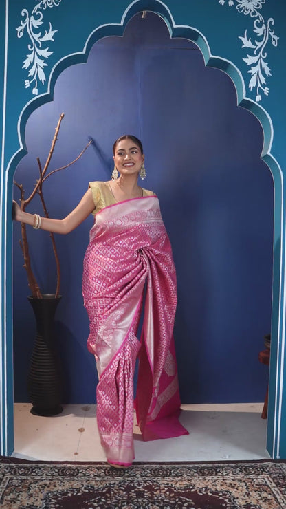 Gulab Katan Silk Banarasi Saree with Unstiched Blouse